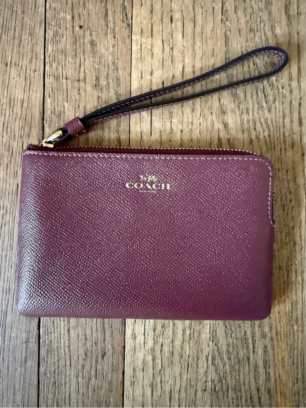 Coach Corner Zip Wine Leather Wristlet with Gold Logo Preppy Neutral Luxury